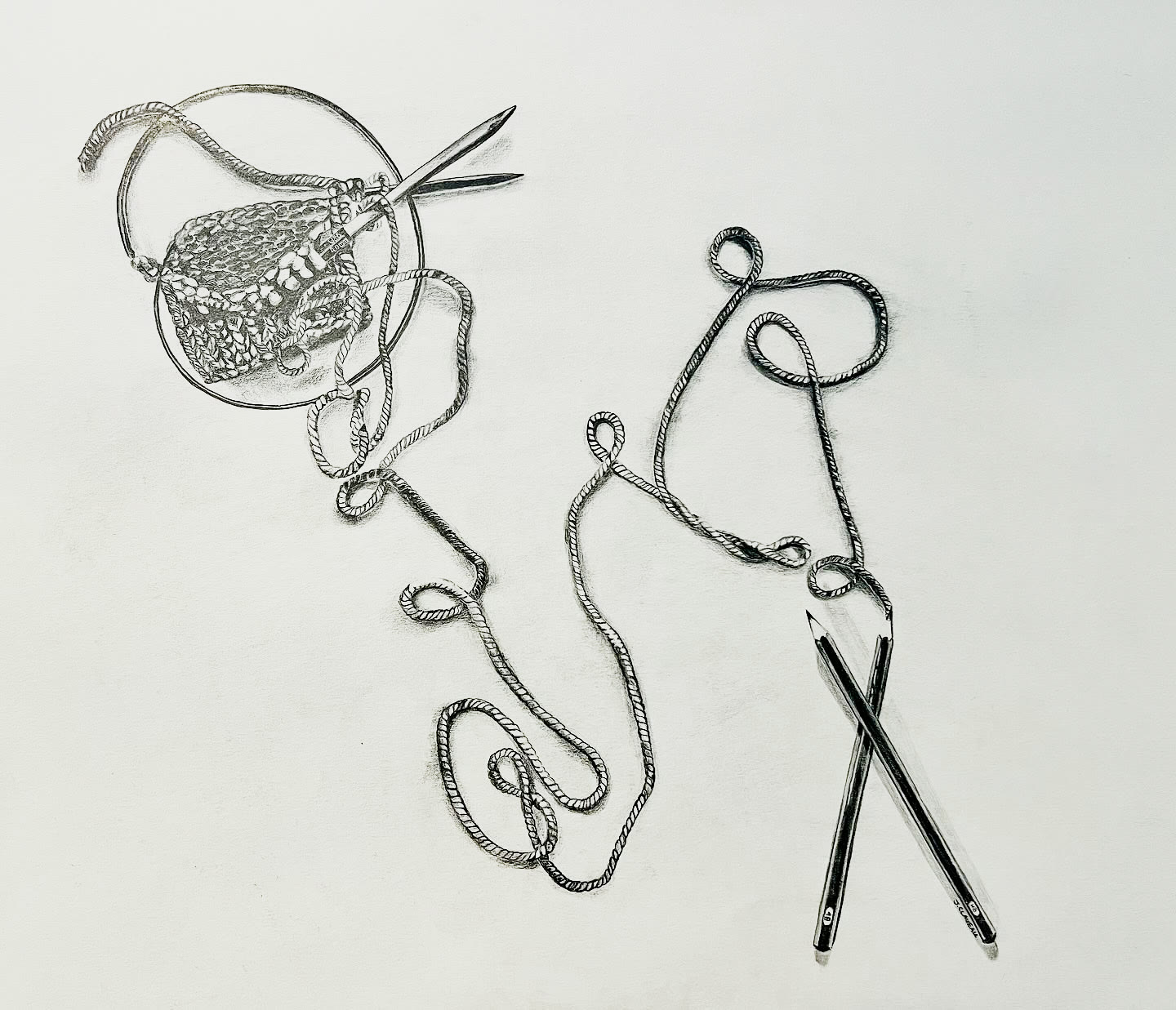 Graphite drawing by Jennifer Claveau of knitting needles, a ball of yarn and pencils on white paper