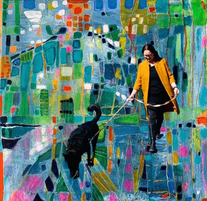 Jennifer Claveau walking her dog, set against one of her colourful paintings