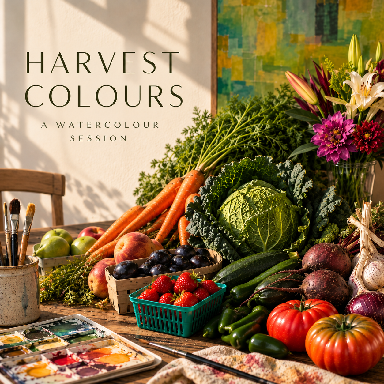 Harvest Colours watercolour session: a still life of fresh local market produce, flowers and watercolour paints at The Green Forest Gallery on Bass Lake