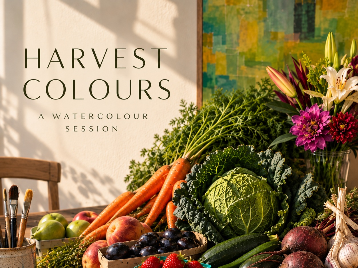 Harvest Colours watercolour session with fresh local produce, flowers and painting supplies