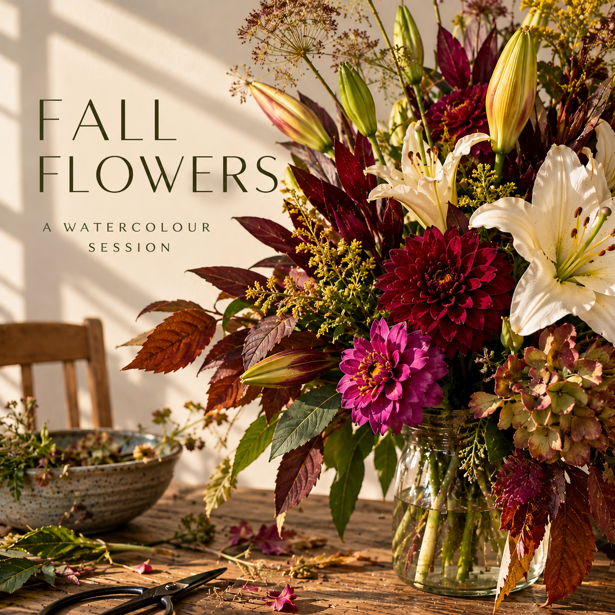 Fall Flowers watercolour session: a lush arrangement of fall flowers in a glass jar on a wooden table at The Green Forest Gallery on Bass Lake