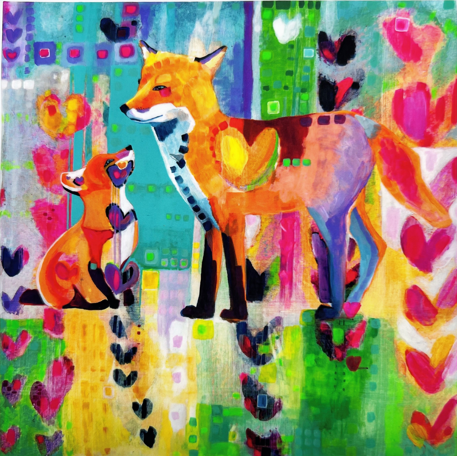 Fox and Kit, a vivid painting of a fox and her kit by Jennifer Claveau