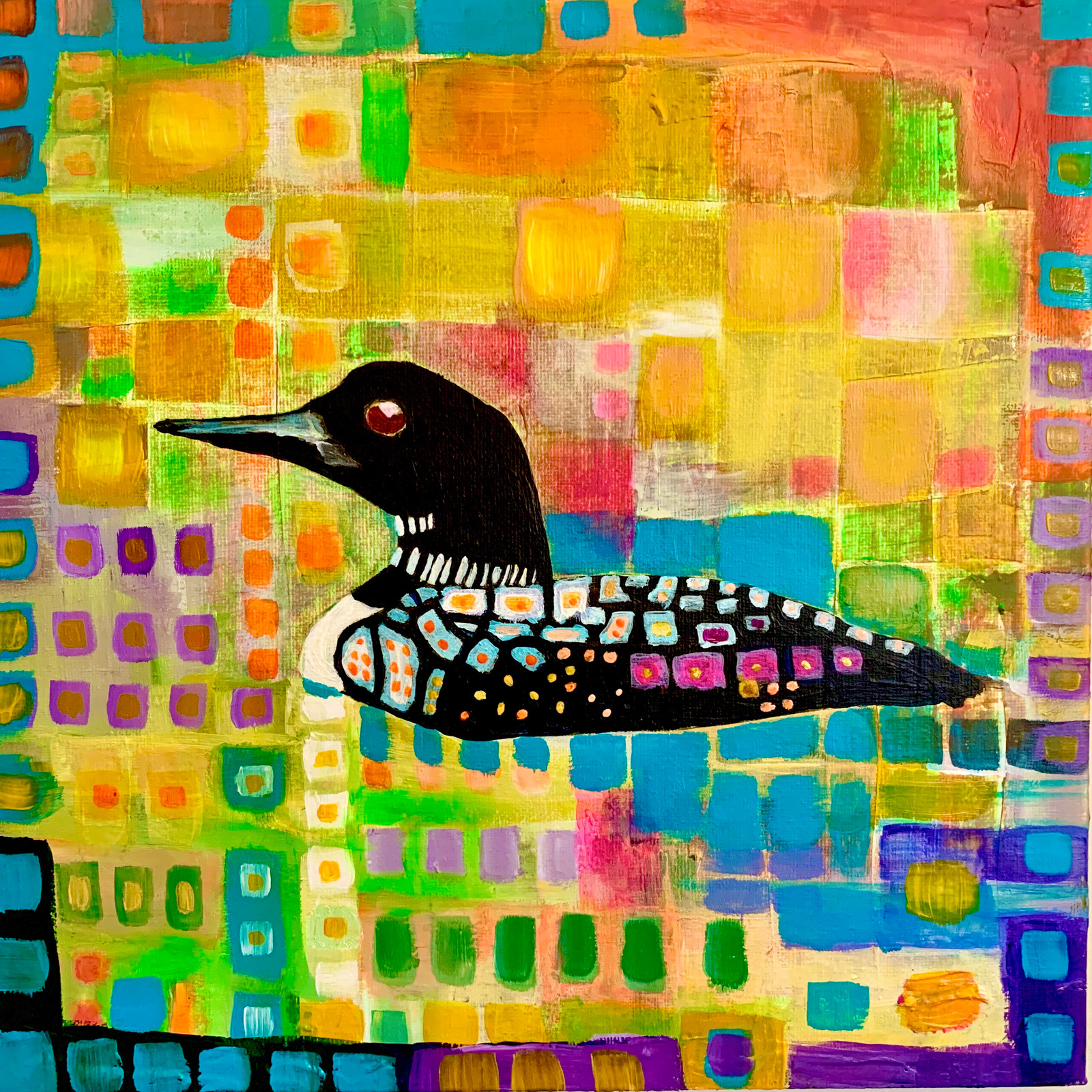 Loon, a richly coloured painting of a Canadian loon on water by Jennifer Claveau